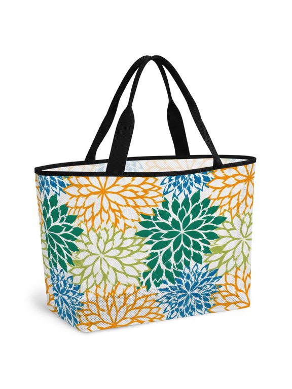 Beach Bag for Women Green Orange Floral Blooms Mesh Tote Bag Chrysanthemum Petals Sandproof Lightweight Travel Bags for Pool Handbag Travel Swim Picnic Shower Gym Vocation