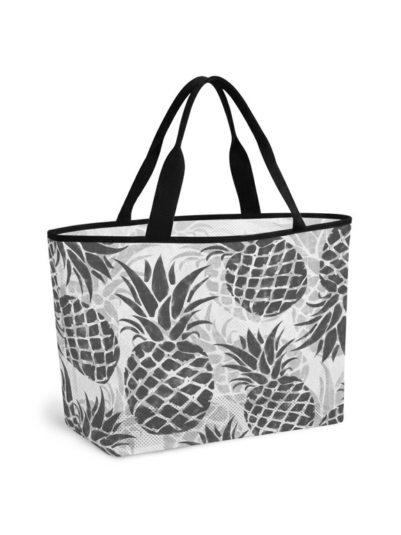 Beach Bag for Women Grey Pineapple Mesh Tote Bag Summer Tropical Fruit Leaves Sandproof Lightweight Travel Bags for Pool Handbag Travel Swim Picnic Shower Gym Vocation