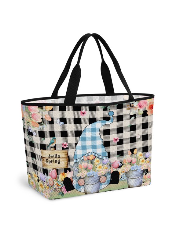 Beach Bag for Women Hello Spring Gnome Mesh Tote Bag Tulip Floral Bird Butterfly Black Plaid Sandproof Lightweight Travel Bags for Pool Handbag Travel Swim Picnic Shower Gym Vocation