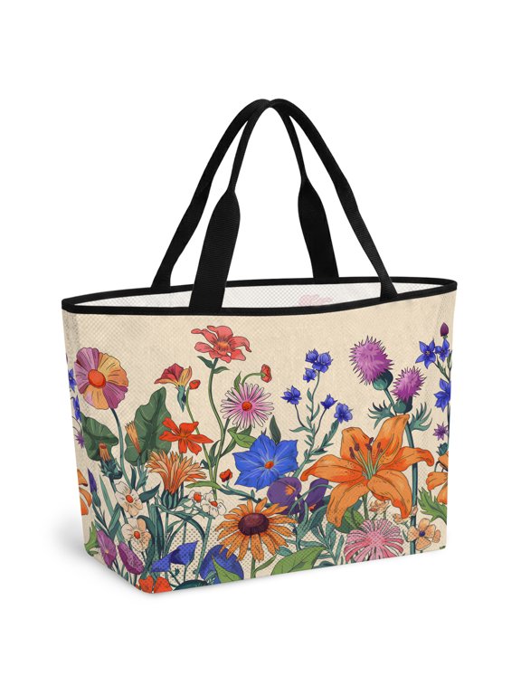 Beach Bag for Women Lavender Flower Mesh Tote Bag Colorful Flower Plant Beige Sandproof Lightweight Travel Bags for Pool Handbag Travel Swim Picnic Shower Gym Vocation
