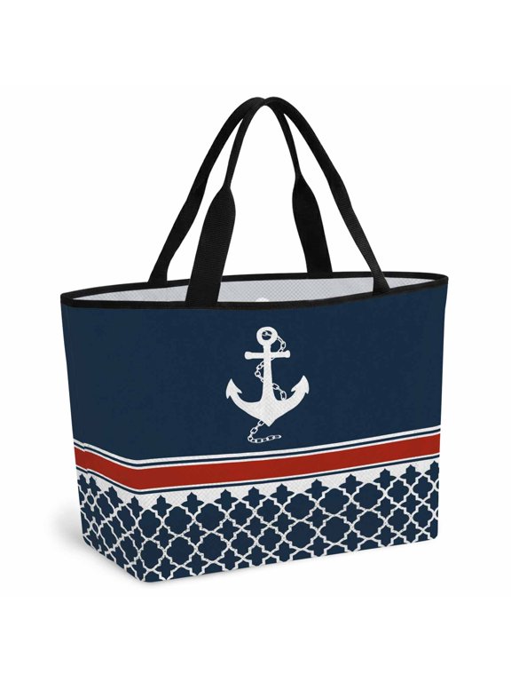Beach Bag for Women Nautical Anchor Mesh Tote Bag Red Navy Blue Geometric Stripes Sandproof Lightweight Travel Bags for Pool Handbag Travel Swim Picnic Shower Gym Vocation