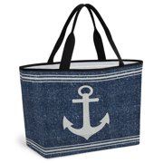Beach Bag for Women Nautical Ship Anchor Mesh Tote Bag Coastal Blue Linen Lines Sandproof Lightweight Travel Bags for Pool Handbag Travel Swim Picnic Shower Gym Vocation