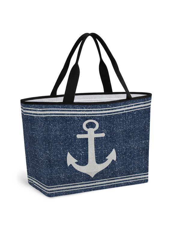 Beach Bag for Women Nautical Ship Anchor Mesh Tote Bag Coastal Blue Linen Lines Sandproof Lightweight Travel Bags for Pool Handbag Travel Swim Picnic Shower Gym Vocation