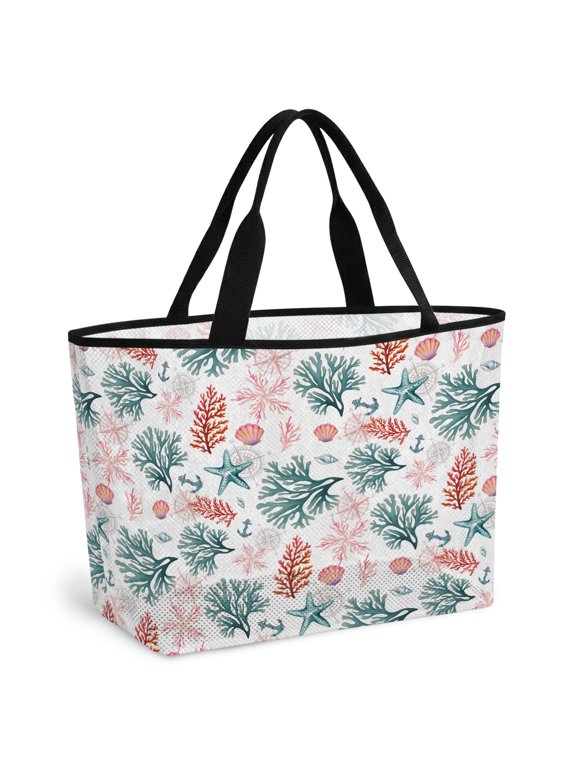 Beach Bag for Women Ocean Coral Shell Mesh Tote Bag Blue Pink Starfish Anchor Sandproof Lightweight Travel Bags for Pool Handbag Travel Swim Picnic Shower Gym Vocation
