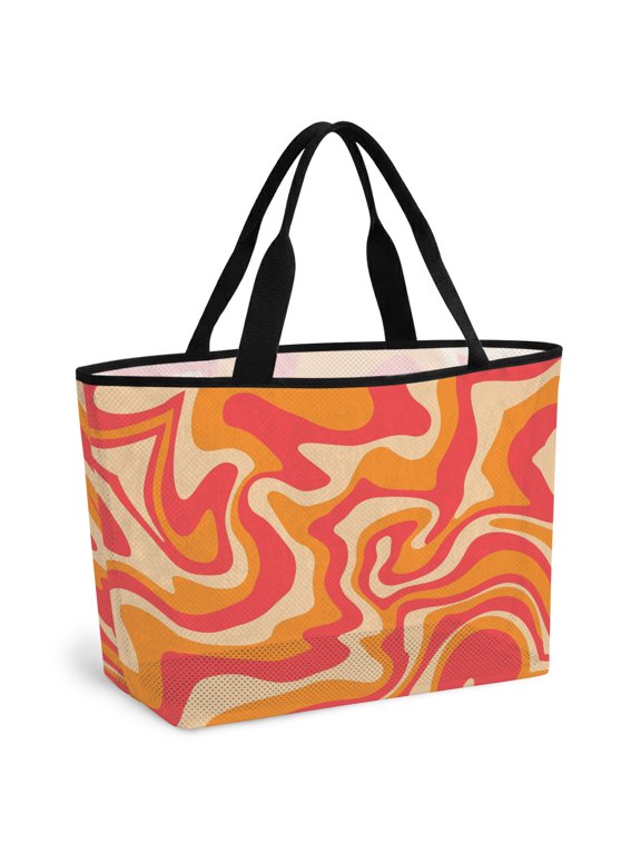 Beach Bag for Women Orange Pink Spiral Swirl Mesh Tote Bag Liquid Art Abstract Lines Sandproof Lightweight Travel Bags for Pool Handbag Travel Swim Picnic Shower Gym Vocation
