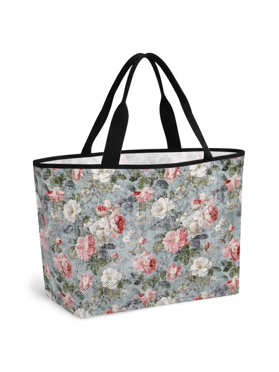Beach Bag for Women Pink Bloom Flowers Mesh Tote Bag Blue Retro Spring Floral Sandproof Lightweight Travel Bags for Pool Handbag Travel Swim Picnic Shower Gym Vocation