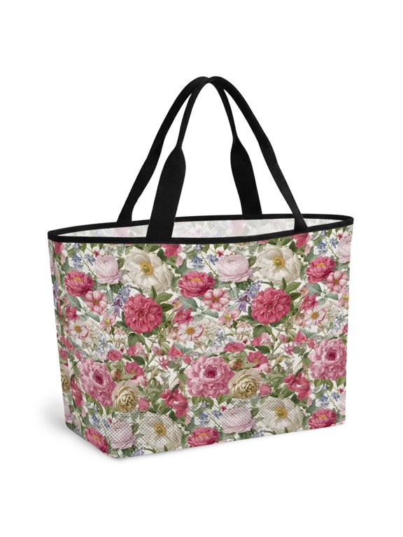 Beach Bag for Women Pink Bloom Flowers Mesh Tote Bag Spring Floral Sandproof Lightweight Travel Bags for Pool Handbag Travel Swim Picnic Shower Gym Vocation