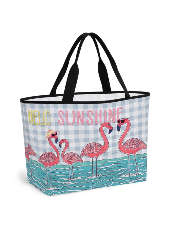 Beach Bag for Women Pink Flamingo Mesh Tote Bag Hello Sunshine Beach Plaid Sandproof Lightweight Travel Bags for Pool Handbag Travel Swim Picnic Shower Gym Vocation