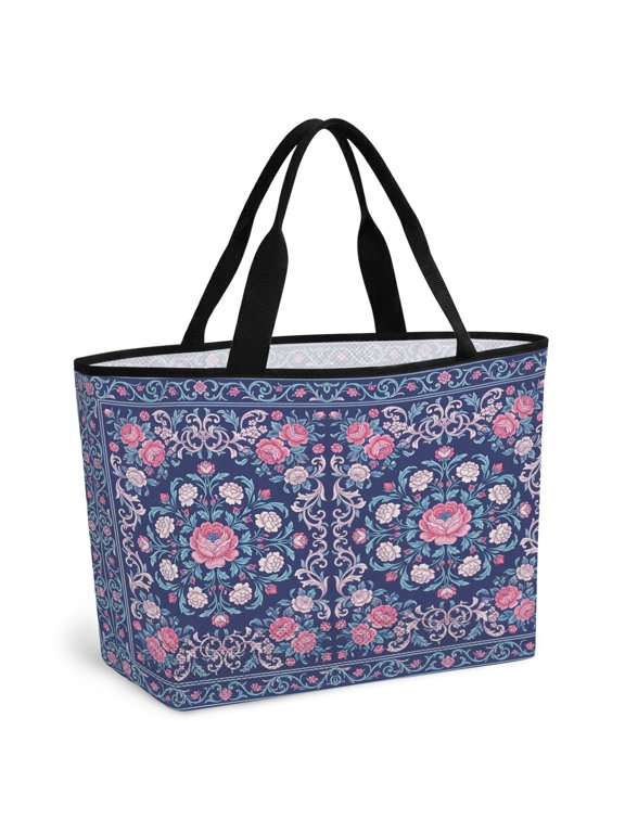 Beach Bag for Women Pink Floral Bloom Mesh Tote Bag Navy Blue Vibrant Flower Vines Sandproof Lightweight Travel Bags for Pool Handbag Travel Swim Picnic Shower Gym Vocation