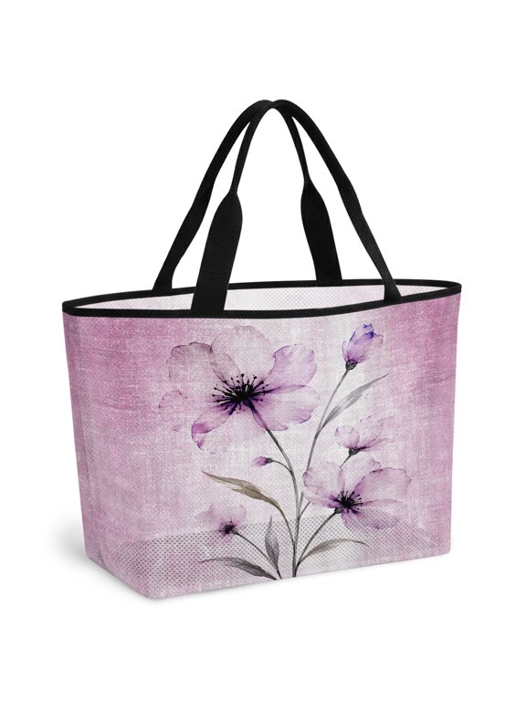 Beach Bag for Women Pink Flower Vines Mesh Tote Bag Petals Floral Buds Blooms Sandproof Lightweight Travel Bags for Pool Handbag Travel Swim Picnic Shower Gym Vocation