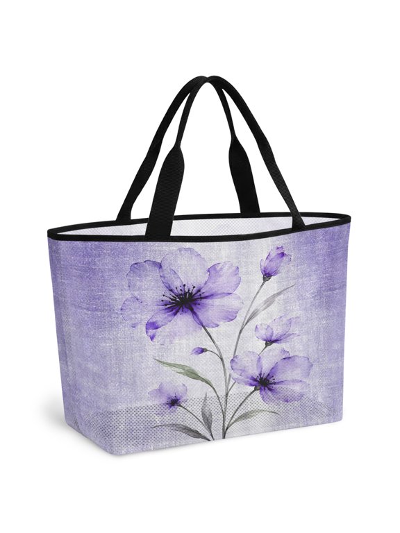 Beach Bag for Women Purple Flower Vines Mesh Tote Bag Petals Floral Buds Blooms Sandproof Lightweight Travel Bags for Pool Handbag Travel Swim Picnic Shower Gym Vocation