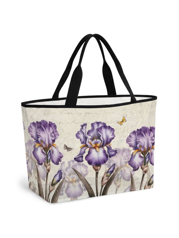 Beach Bag for Women Purple Iris Floral Mesh Tote Bag Butterfly Elegant Blossoms Flowers Sandproof Lightweight Travel Bags for Pool Handbag Travel Swim Picnic Shower Gym Vocation