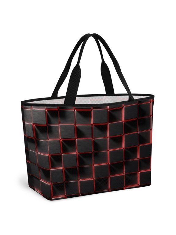 Beach Bag for Women Red Black Cubes Mesh Tote Bag Modern Artificial Sandproof Lightweight Travel Bags for Pool Handbag Travel Swim Picnic Shower Gym Vocation