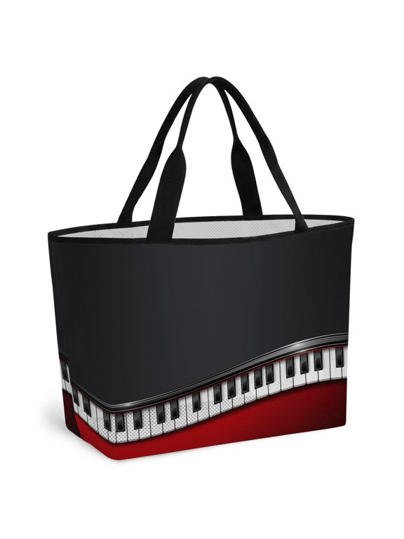Beach Bag for Women Red Black Wave Lines Mesh Tote Bag Musical Piano Keyboard Sandproof Lightweight Travel Bags for Pool Handbag Travel Swim Picnic Shower Gym Vocation