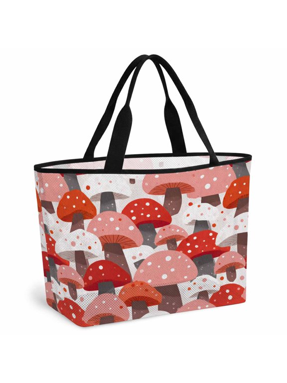 Beach Bag for Women Red Pink Mushrooms Mesh Tote Bag Modern Polka Dots Sandproof Lightweight Travel Bags for Pool Handbag Travel Swim Picnic Shower Gym Vocation