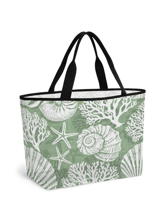 Beach Bag for Women Sage Green Coastal Conch Shell Mesh Tote Bag Ocean Coral Starfish Sandproof Lightweight Travel Bags for Pool Handbag Travel Swim Picnic Shower Gym Vocation
