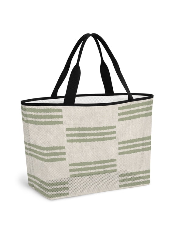 Beach Bag for Women Sage Green Linear Rows Mesh Tote Bag Modern Horizontal Lines Sandproof Lightweight Travel Bags for Pool Handbag Travel Swim Picnic Shower Gym Vocation