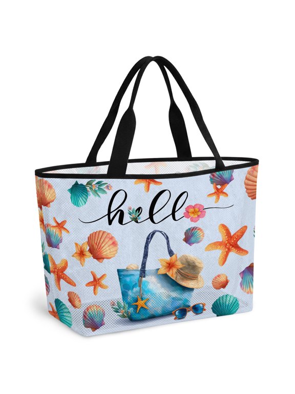 Beach Bag for Women Summer Beach Hat Tote Bag Mesh Tote Bag Blue Starfish Shell Hello Sandproof Lightweight Travel Bags for Pool Handbag Travel Swim Picnic Shower Gym Vocation