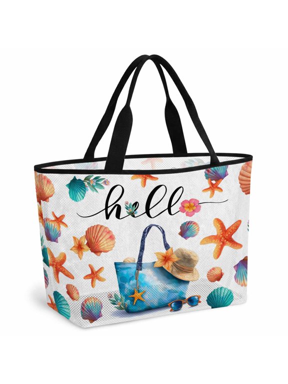 Beach Bag for Women Summer Beach Hat Tote Bag Mesh Tote Bag Starfish Shell Hello Sandproof Lightweight Travel Bags for Pool Handbag Travel Swim Picnic Shower Gym Vocation
