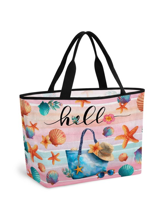 Beach Bag for Women Summer Beach Hat Tote Bag Mesh Tote Bag Starfish Shell Stripes Hello Sandproof Lightweight Travel Bags for Pool Handbag Travel Swim Picnic Shower Gym Vocation