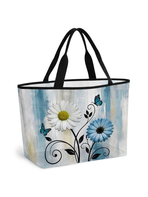 Beach Bag for Women Teal Blue Daisy Flower Vines Mesh Tote Bag Butterfly Blooms Sandproof Lightweight Travel Bags for Pool Handbag Travel Swim Picnic Shower Gym Vocation