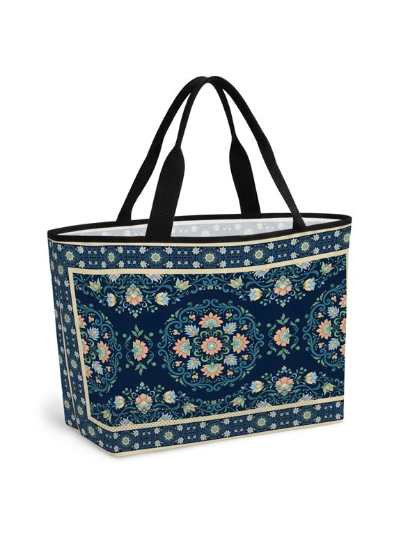 Beach Bag for Women Teal Boho Floral Blooms Mesh Tote Bag Bohemian Flower Vines Sandproof Lightweight Travel Bags for Pool Handbag Travel Swim Picnic Shower Gym Vocation