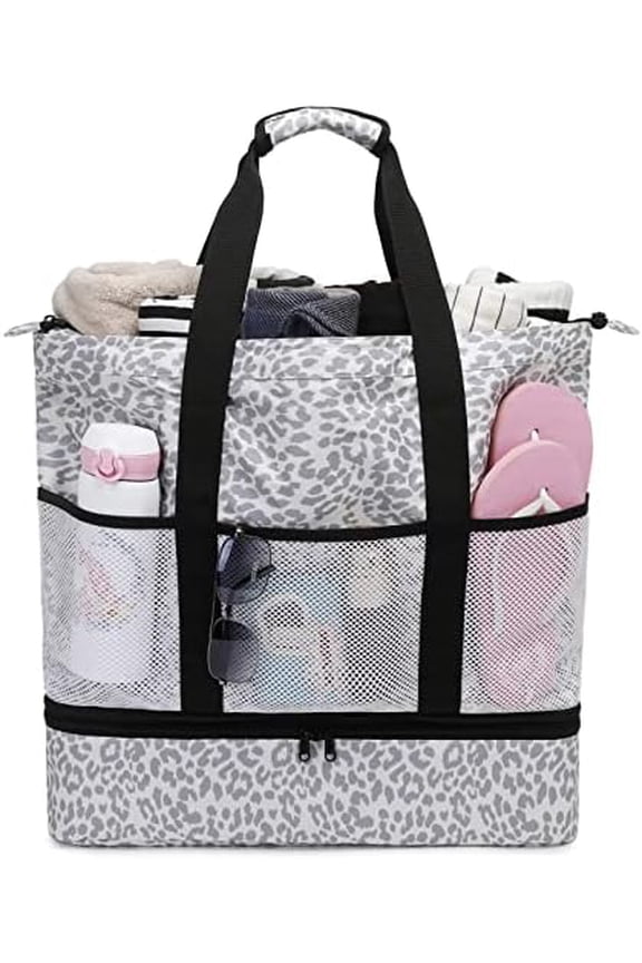 Beach Bag Women Waterproof Sandproof Beach Tote Bags with Cooler Top Zipper Large Totes for Pool Travel Daily *Leopard-3