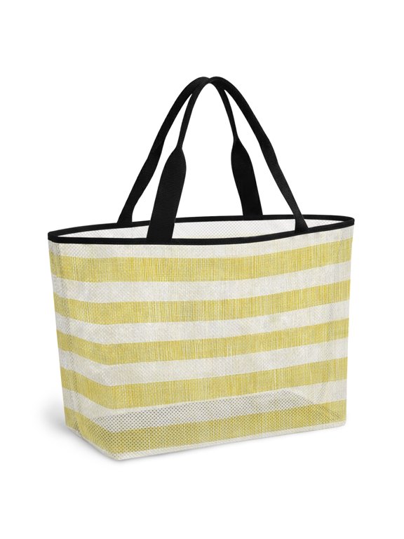 Beach Bag for Women Yellow Linen Stripes Mesh Tote Bag Retro Striped Lines Sandproof Lightweight Travel Bags for Pool Handbag Travel Swim Picnic Shower Gym Vocation