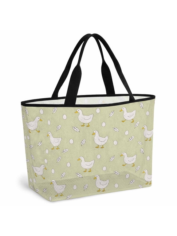 Beach Bag for Women Yellow White Goose Mesh Tote Bag Small Eggs Floating Feathers Sandproof Lightweight Travel Bags for Pool Handbag Travel Swim Picnic Shower Gym Vocation