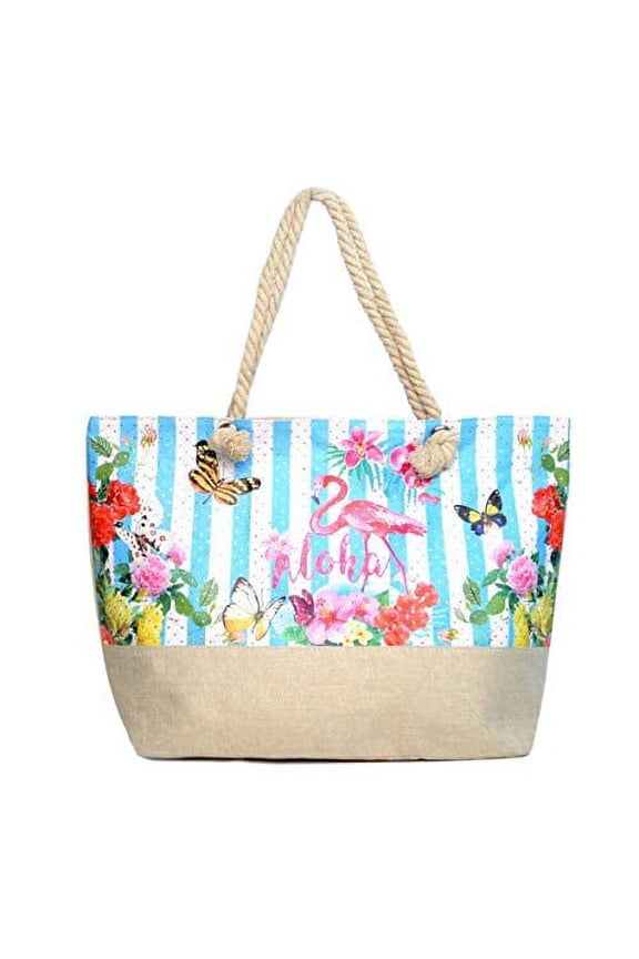 Beach Bag XL Tote With Zipper, Perfect for Pool, Weekend Trip, Travel, Gym, Shopping, Grocery (Flower Aloha Rhinestones)