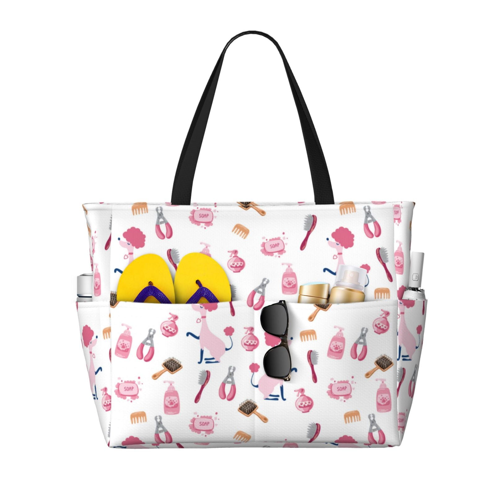 Beach Bag for Women, Cute Poodle Dog Care Items Pink Waterproof