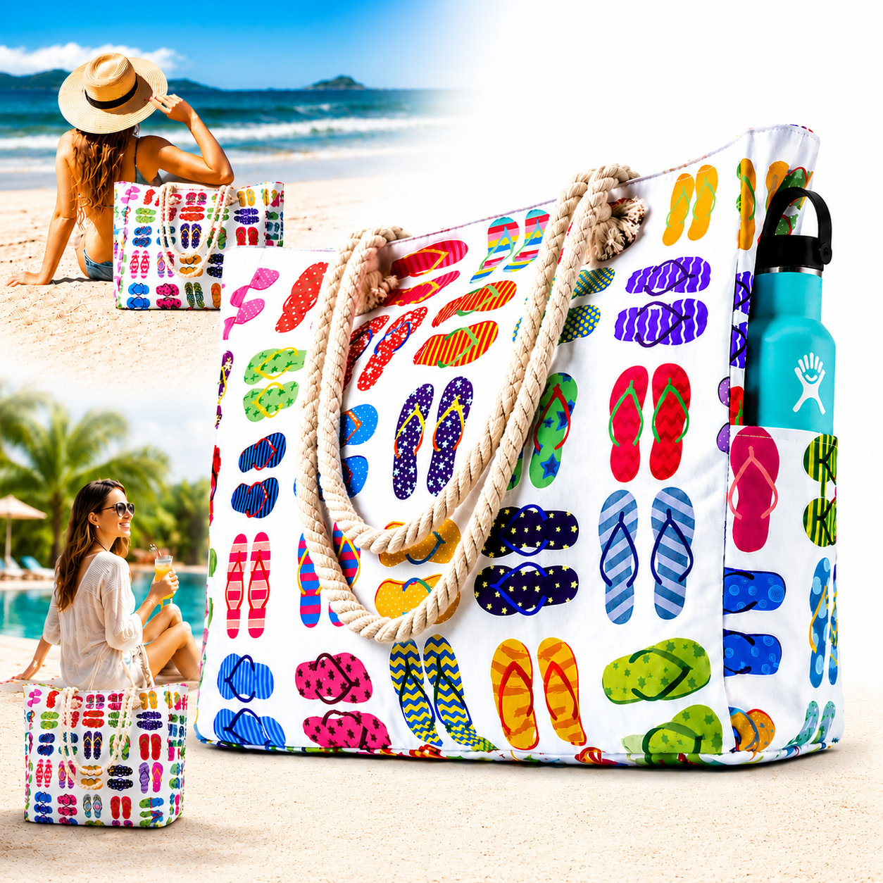 Beach Bag for Women - Large Beach Tote Bag, Waterproof Sandproof Beach Bag with Zipper, Large Swim Pool Beach Tote