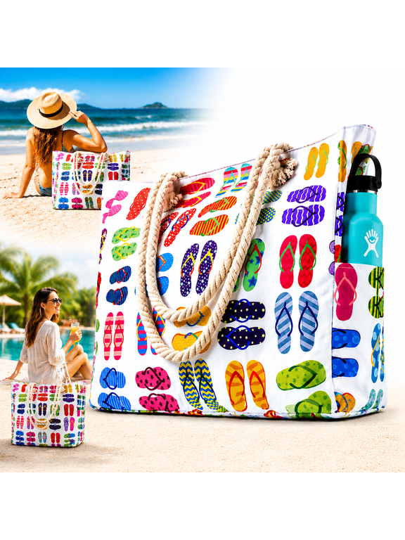 Beach Bag for Women - Large Beach Tote Bag, Waterproof Sandproof Beach Bag with Zipper, Large Swim Pool Beach Tote