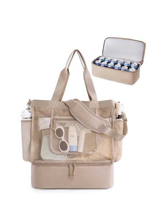 Beach Bag for Women, Mesh Tote Bags with Zipper, Sandproof Vacation Essentials with Cooler for Swim Cruise Pool