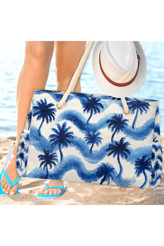 Beach Bag for Women Palm Tree Print Water-resistant Sandproof Pool Tote with Zipper, Large Carry On Bag for Vacation, Gym, Travel with Side Pocktets