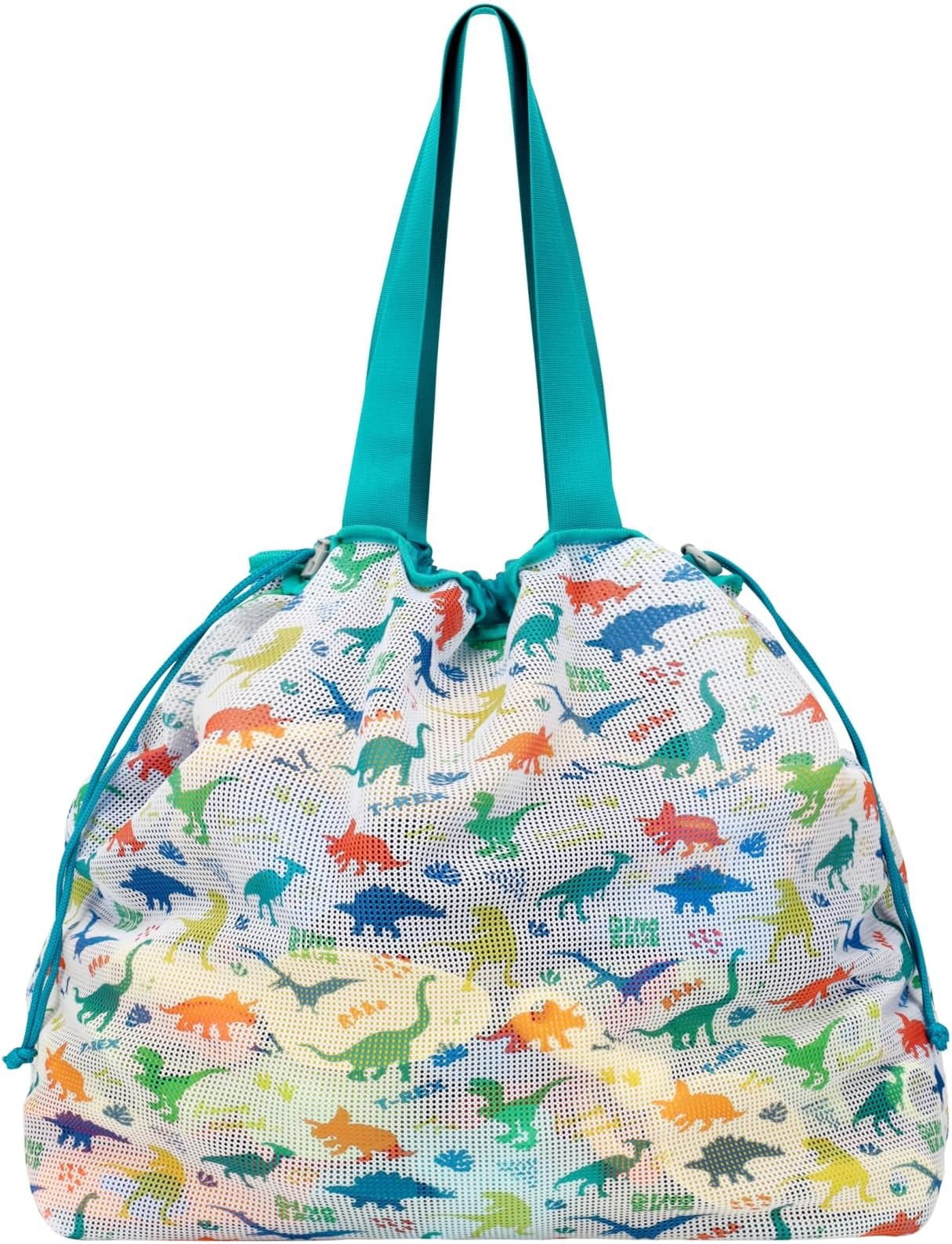 Beach  Bag with Drawstring - Lightweight Mesh Tote Bag for Sand Toys, Beach Swinmming Pool Essentials, Dino Green