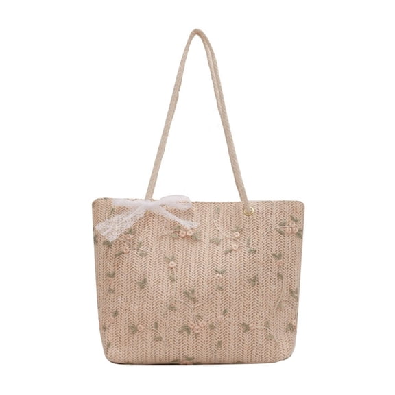 Beach Bag with Hat Clip, Shoulder Bag for Women, Woven Shoulder Bags for Women Summer Floral Lace Bow Travel Handbag Purse for Vacation, White
