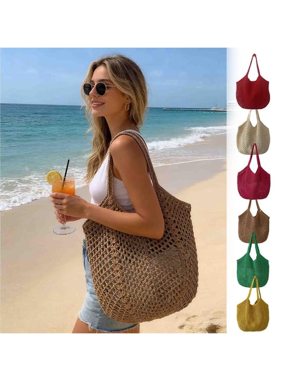 Beach Bags and Totes, Beach Bags for Women Boho Straw Purse Summer Woven Shoulder Bag Handbag Crochet Mesh Tote Bag Vacation Purse, Beige