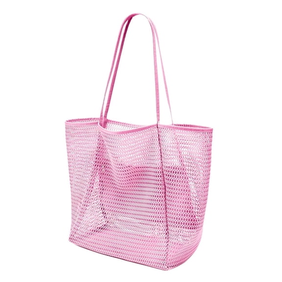 Beach Bags for Women, Summer Travel Nylon Mesh Tote Bag with Large Inner Pocket, Sandproof Casual Foldable Shoulder Bag for Beash Picnic, Pink