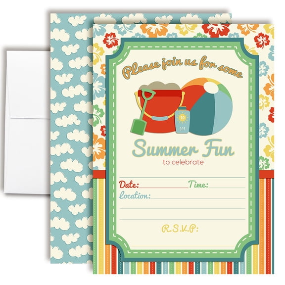 Beach Ball Bash Summer Fun Birthday Invitations for Kids, 20 Fill-In Cards with Envelopes, 5x7 Children's Party Invitations, Birthday Party Supplies, Made in USA by Amanda Creation