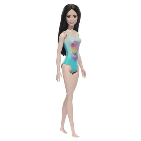 Beach Barbie Doll with Black Hair Wearing Blue One-Piece Swimsuit with Tropical Print