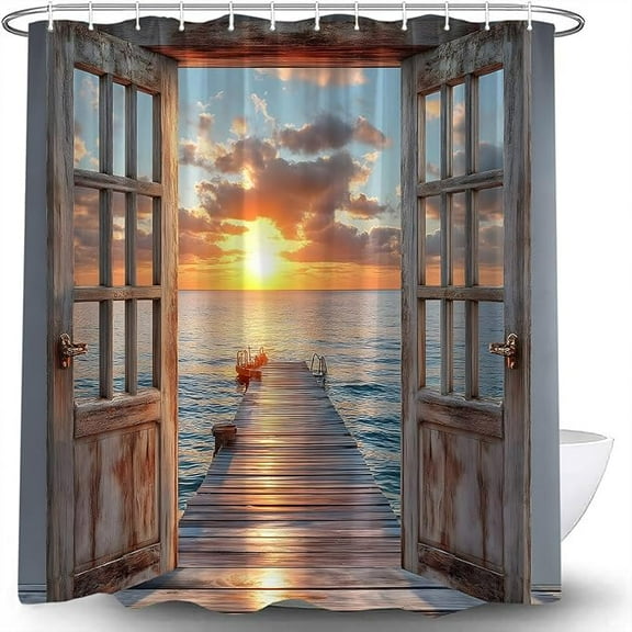 Beach Barn Door Shower Curtain Blue Ocean Sunset Sea Wave Nautical Coastal Seaside Scenery Retro Rustic Wood Decor Bathroom Curtains Set With Hooks 60"W x 72"L