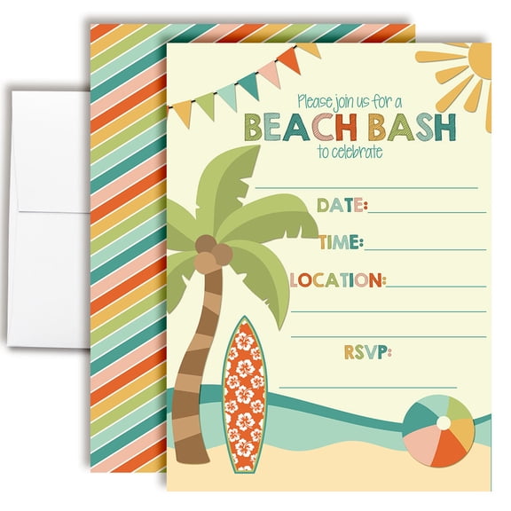 Beach Bash Palm Tree Summer Fun Birthday Invitations for Kids, 20 Fill-In Cards with Envelopes, 5x7 Children's Party Invitations, Birthday Party Supplies, Made in USA by Amanda Creation