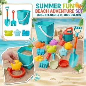 14 Piece Beach Toys,Castle Barrel Bucket,Sea Animal and Traffic Sand Molds,Beach Shovel Tool Kit, Fun Outdoor Games Beach Accessories