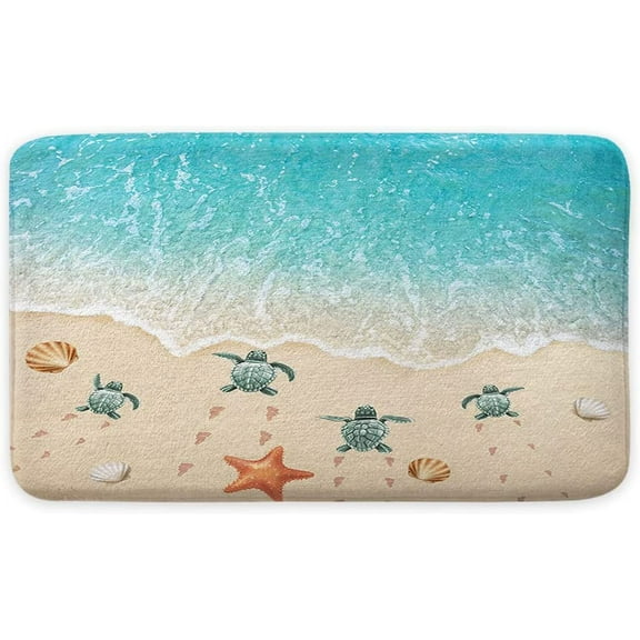 Beach Bath Mat, Sea Turtle Starfish Ocean Scene Bath Mats for Bathroom, 17 x 29 Inches