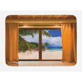 thumbnail image 1 of Beach Bath Mat, Tropical Exotic Seashore View from Window with Curtains Summer Island Ocean Picture, Plush Bathroom Decor Mat with Non Slip Backing, 29.5" X 17.5", Amber Beige, by Ambesonne, 1 of 2
