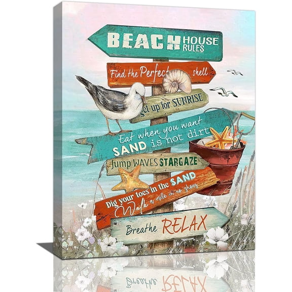Beach Bathroom Decor Ocean Wall Art Coastal Seagulls Starfish Seashells Pictures Wall Decor Beach House Rules Painting Canvas Print Decorations For Home Bathroom Bedroom Living Room 12"x16"