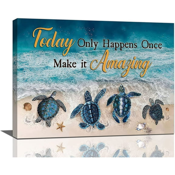 Beach Bathroom Decor Sea Turtle Wall Art Seashells Ocean Coastal Scenery Canvas Print Artwork Home Decoration For Bathroom Living Room Bedroom Framed 16"x12"