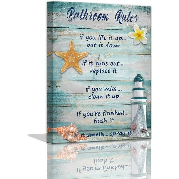 Beach Bathroom Decor Seashells Lighthouse Bathroom Decor Prints Canvas Art Funny Bathroom Sign Wall Decor Rustic Ocean Bathroom Rules Wall Decor Farmhouse Wall Art for Bathroom Framed 12x16inch