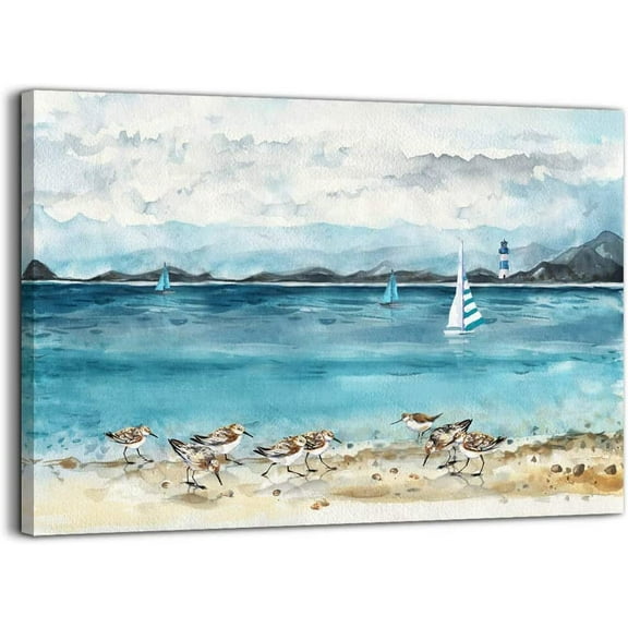 Beach Bathroom Decor Wall Art Ocean Lighthouse Seabird Paintings Artwork for Walls Summer Theme Decor Picture Prints Modern Wall Decor Framed Wall Decorations for Bedroom Bathroom Kitchen Home Decor